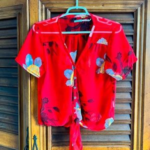 KimChi Blue Women’s Red Floral Front Tie Blouse